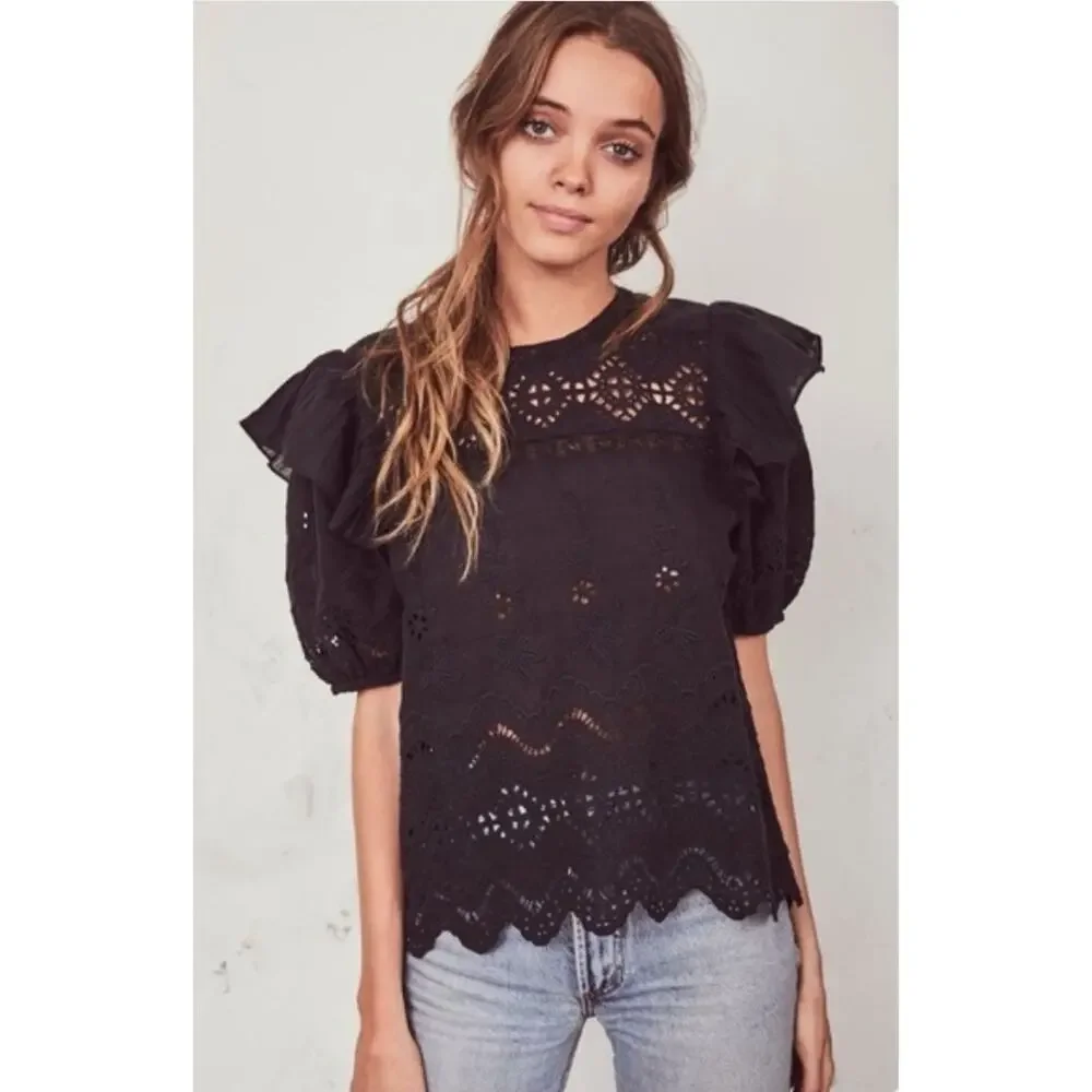 LoveShackFancy Tilda Eyelet Lace Black Blouse Puff Sleeves Ruffles Size Small